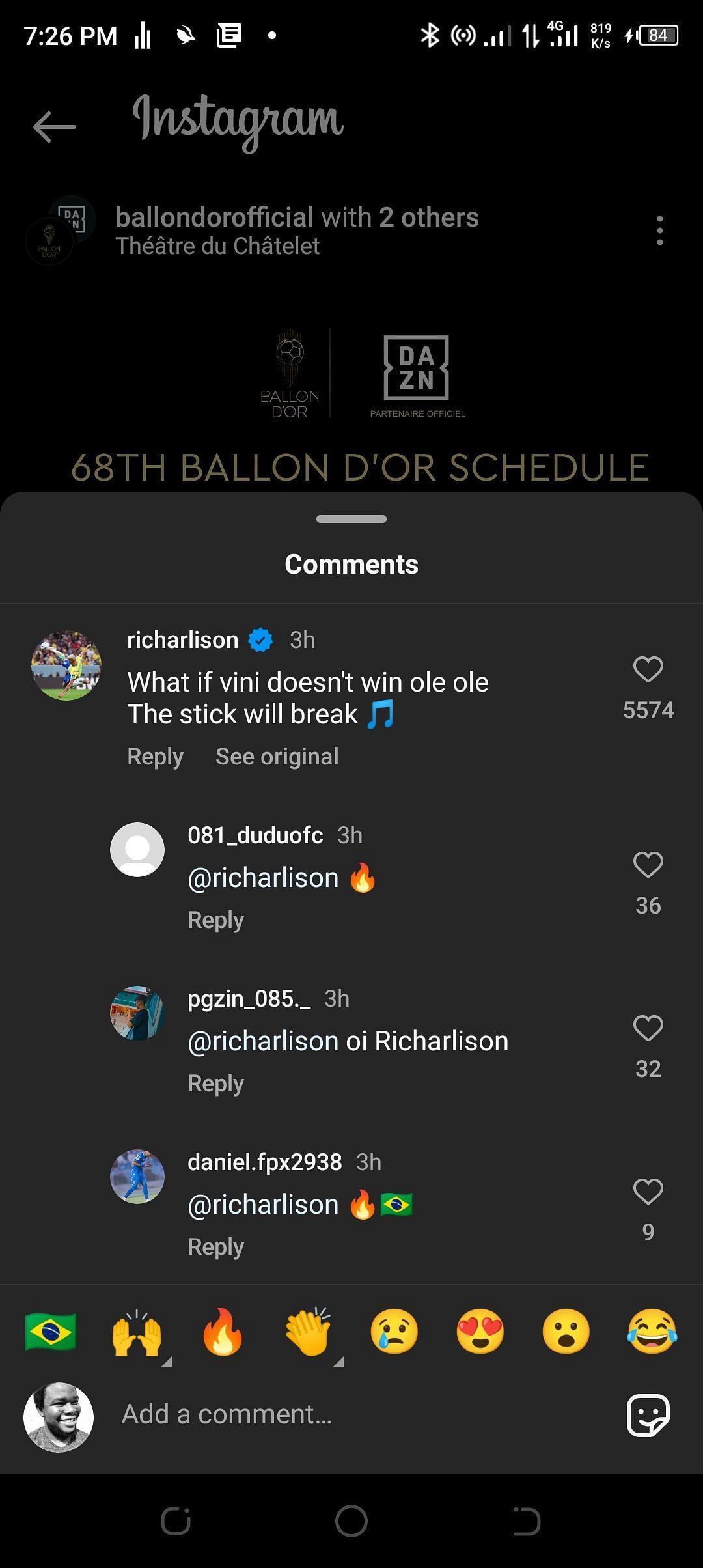 Richarlison fires warning to Ballon d'Or organizers (Image via Instagram)